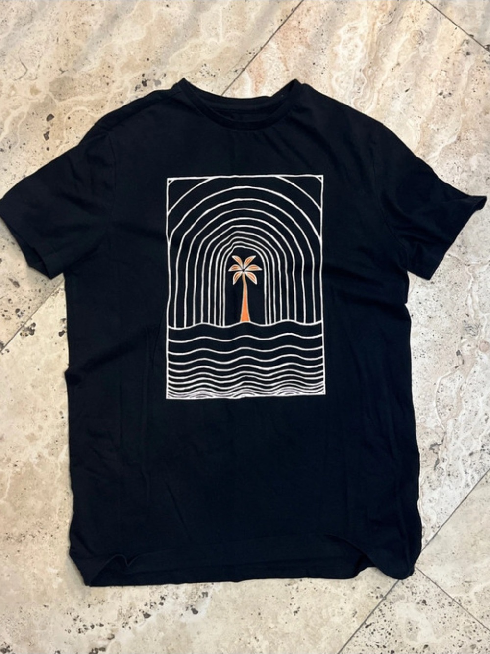 Goodfellow & Co Black Tee with White Line Art and Orange Palm